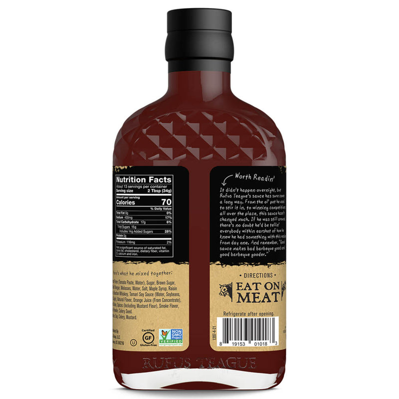 Rufus Teague Whiskey Maple BBQ Sauce 16 Oz Bottle Bold and Sweet JJ01018