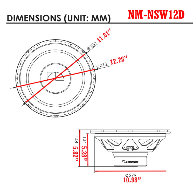 12" Subwoofer 1200 Watts Max Power Dual 4 Ohm Car Audio Nakamichi NSW12D Single