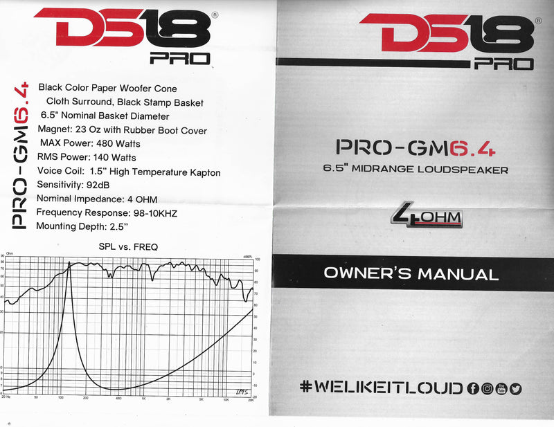 DS18 PRO-GM6.4 6.5" Midrange Loud Speaker 4 Ohm 480 Watts Max Mid Range Single