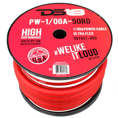 DS18 1/0 Gauge Power Wire Ground 50 Ft Spool Red CCA Ultra Flex PW-1/0GA-50RD
