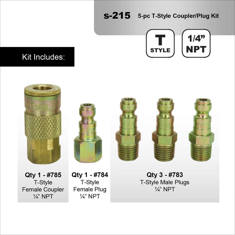 Milton S-215 1/4" T Style Coupler and Plug Kit 5 Pieces Air Tool Fittings