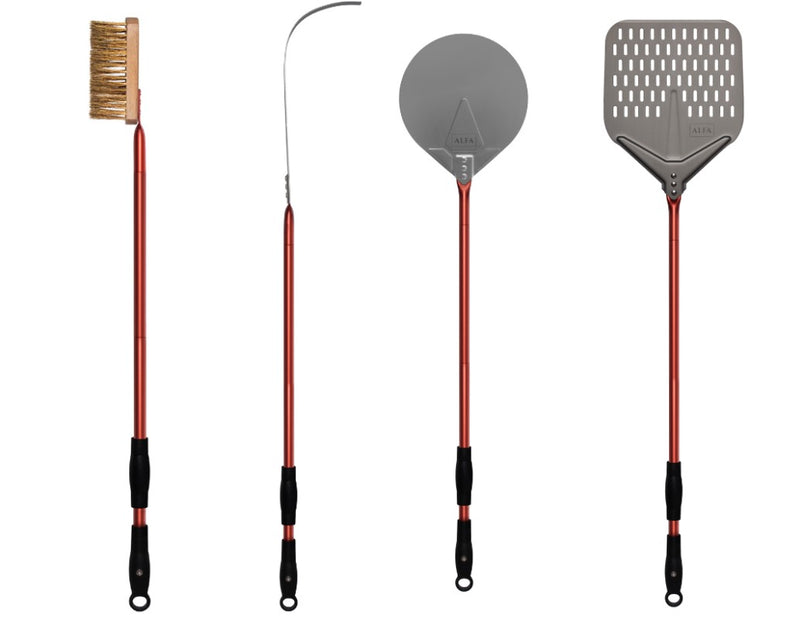 36" Extendable Pizza Peel Turner Brush and Rake 4 Piece Set Red Stainless Steel