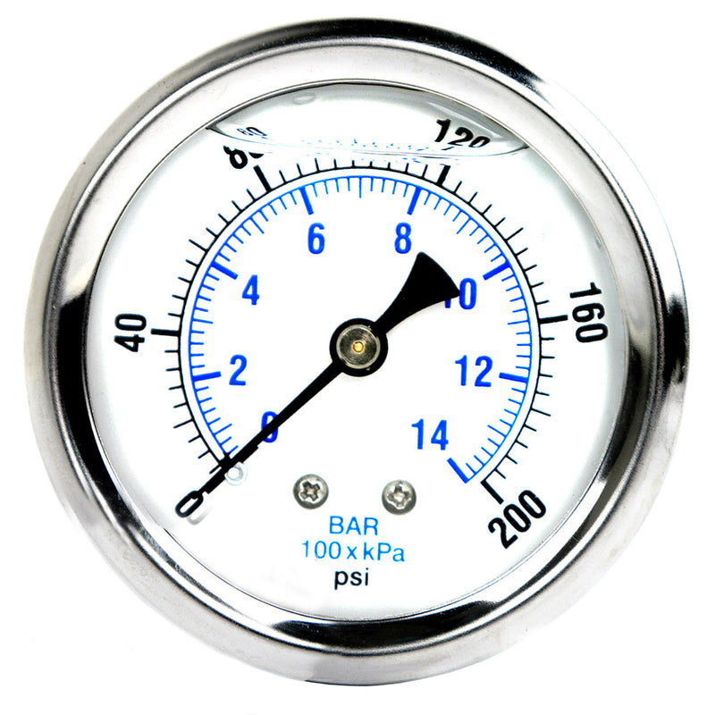 Liquid Filled 0-200 PSI Center Back Mount Air Pressure Gauge With 2.5" Face