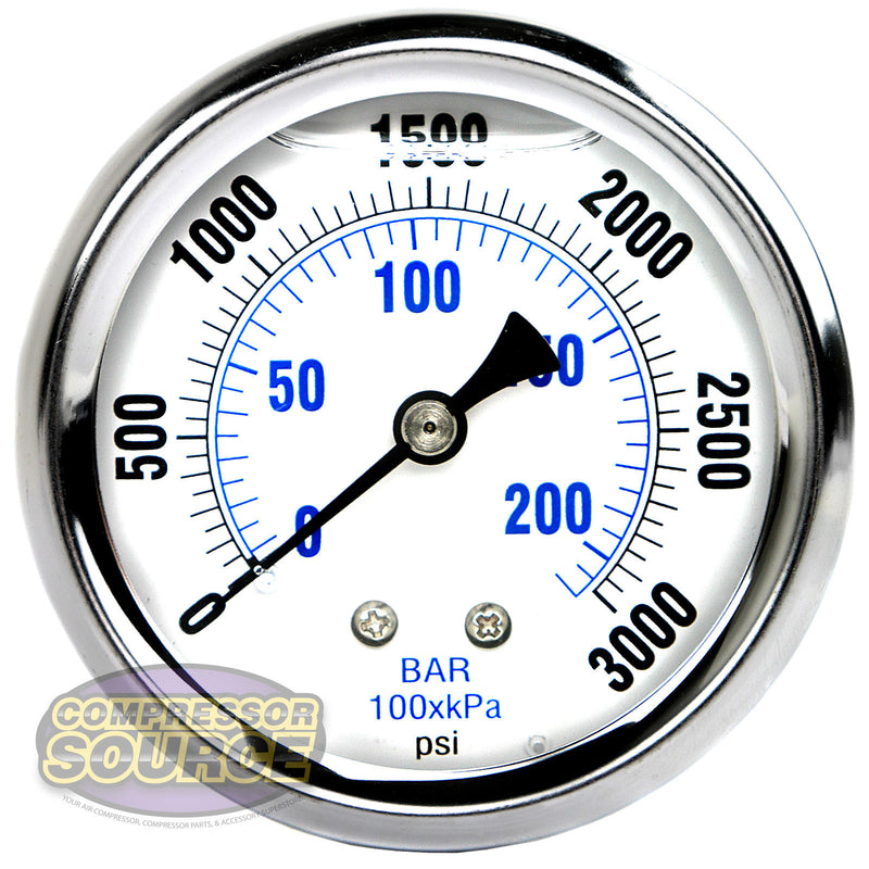 Liquid Filled 0-3,000 PSI Center Back Mount Air Pressure Gauge With 2.5" Face