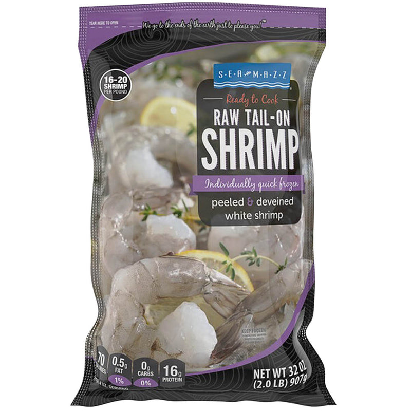 Sea Mazz Ready to Cook Raw Tail-On Shrimp 16/20 Per LB Peeled White 2lb Bag